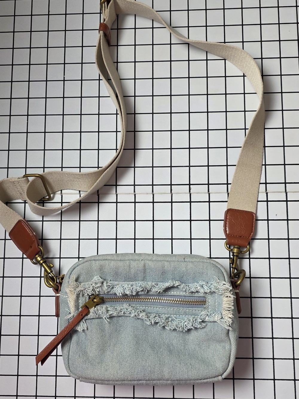 Universal Thread Distressed Denim Crossbody with Tan Accents
